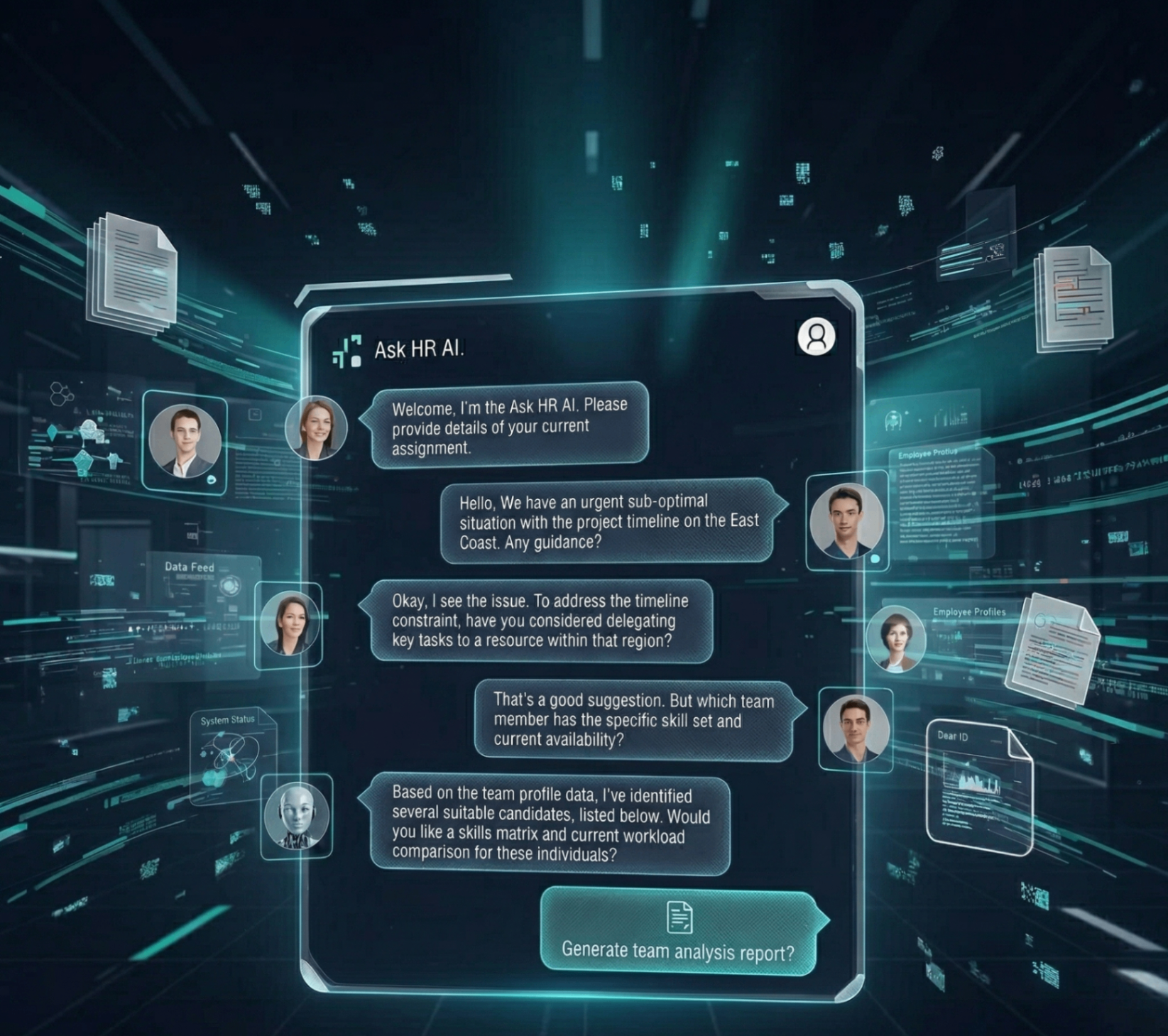 AskHR agentic AI interface showing conversational HR support with data streams