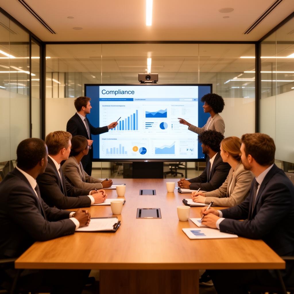 Professional team reviewing compliance data in a modern conference room